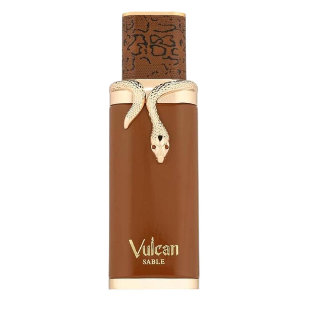 Vulcan Sable EDP perfume bottle with brown leather finish and gold snake detail on the cap for luxury fragrance decants.
