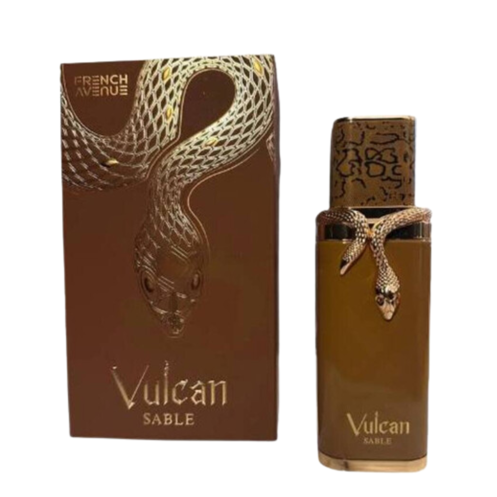 Vulcan Sable EDP perfume with brown snake-themed packaging and gold embossed serpent design on bottle and box