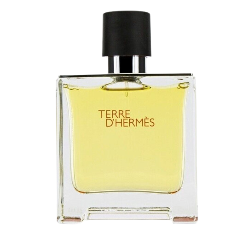Clear rectangular glass bottle of Terre d'Hermes Pure Parfum with black cap and amber liquid inside