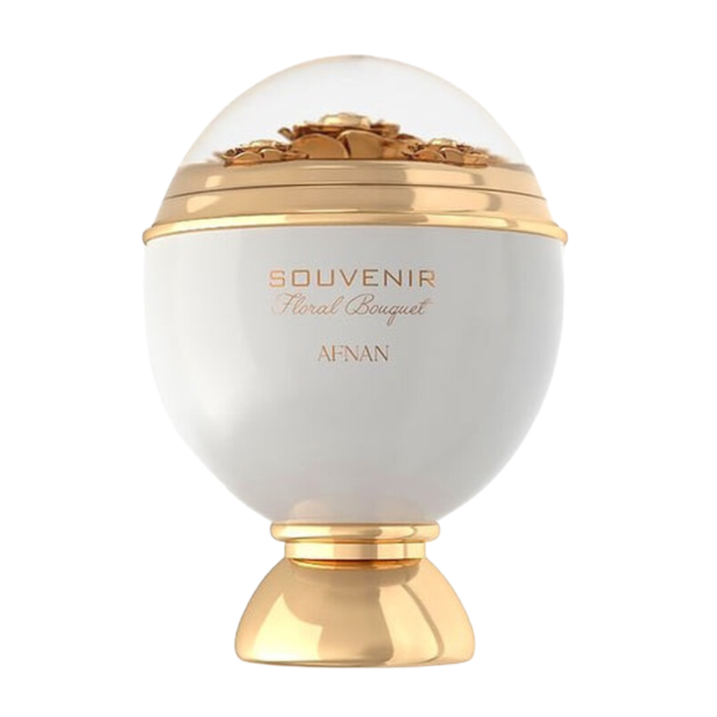 Elegant white and gold bottle of Souvenir Floral Bouquet EDP featuring floral design under a clear dome top