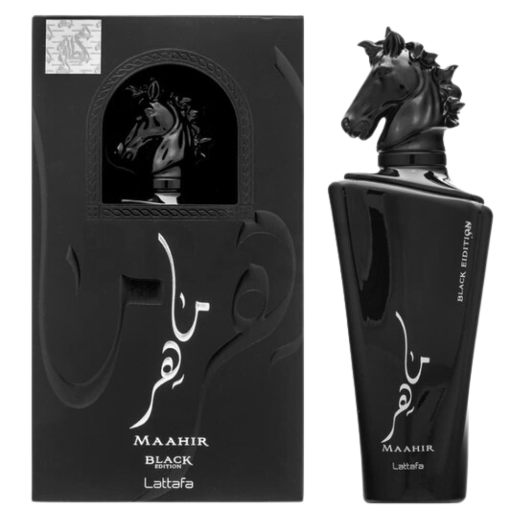 Maahir Black Edition EDP bottle with black horse head cap and matching black packaging box by Lattafa