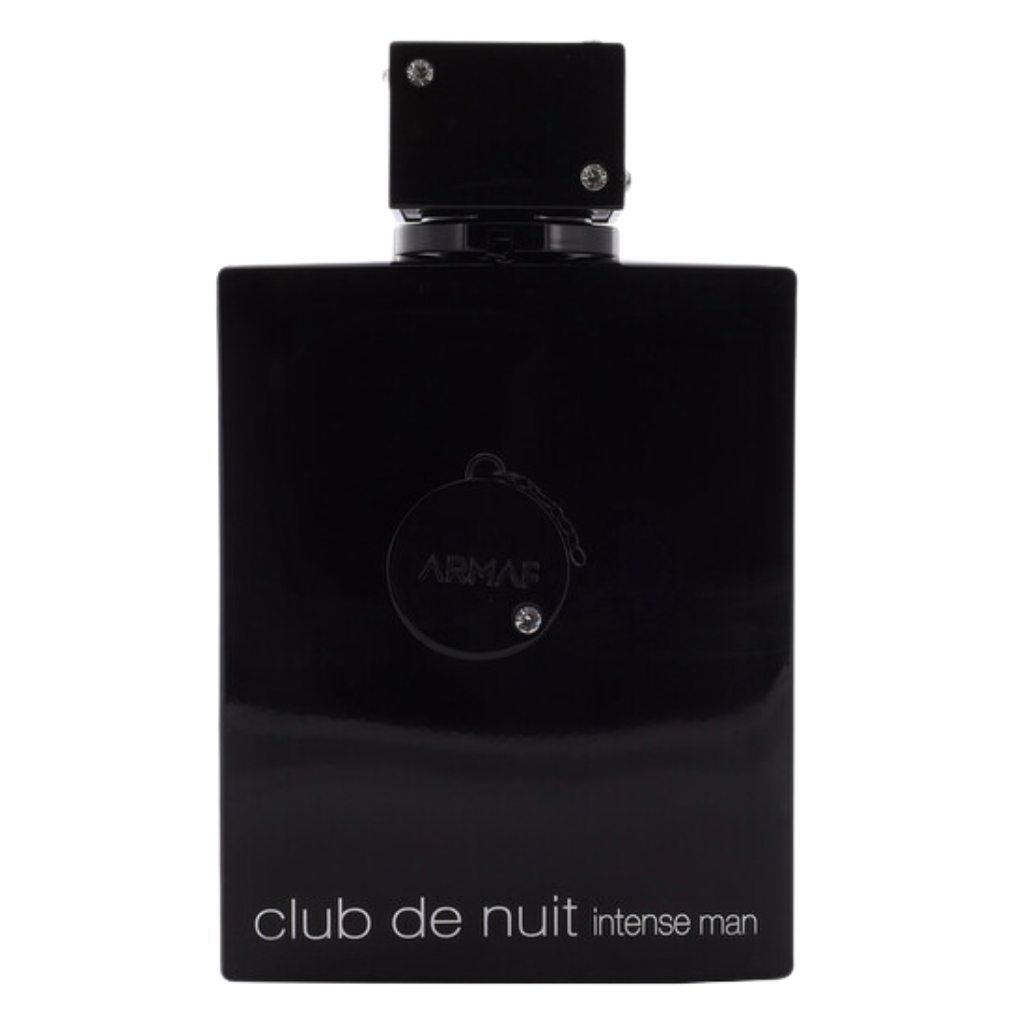 Black sleek perfume bottle of Club De Nuit Intense EDP with minimalist design and silver detailing on cap and front