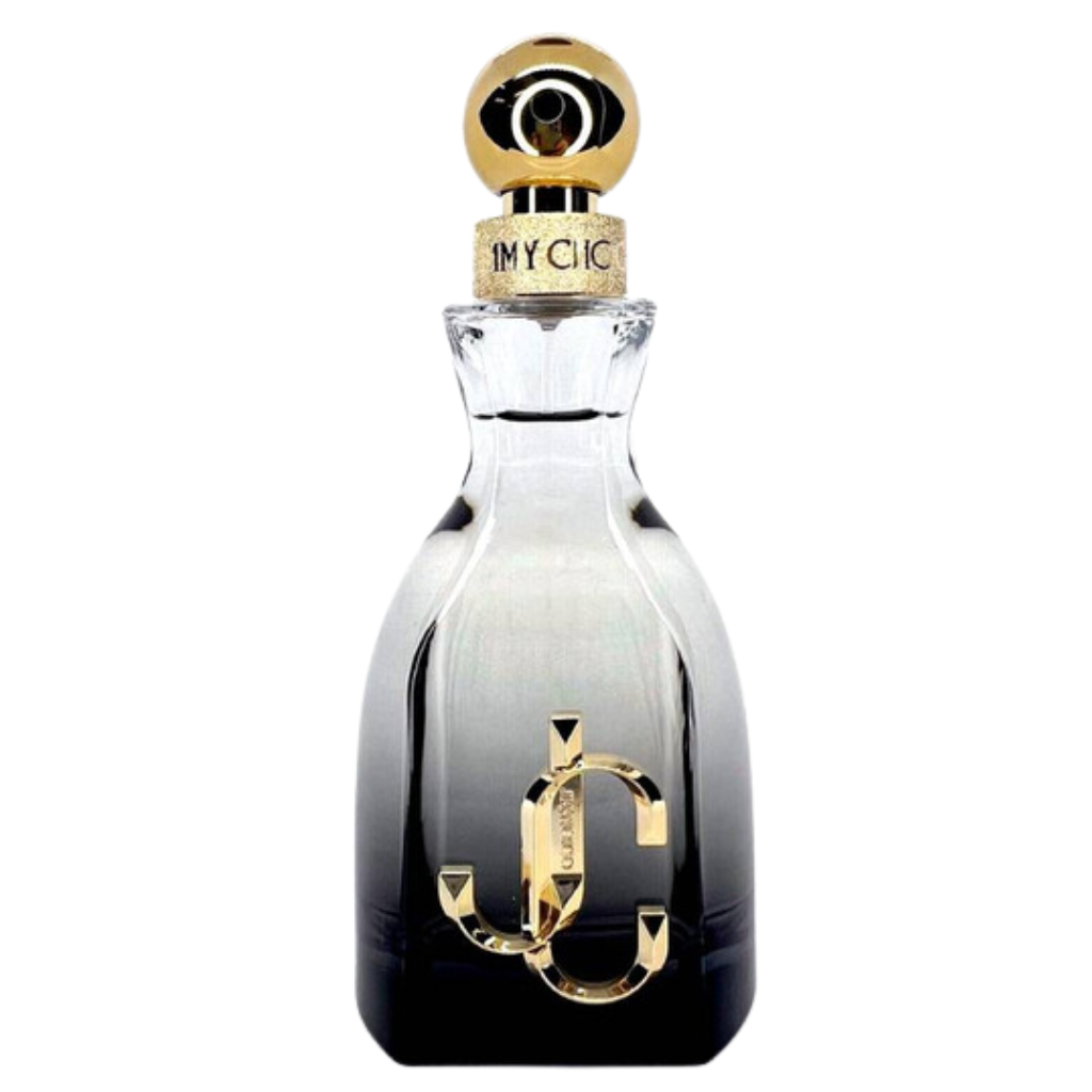 Elegant clear and black gradient perfume bottle with gold accents labeled I Want Choo Forever EDP fragrance luxury design