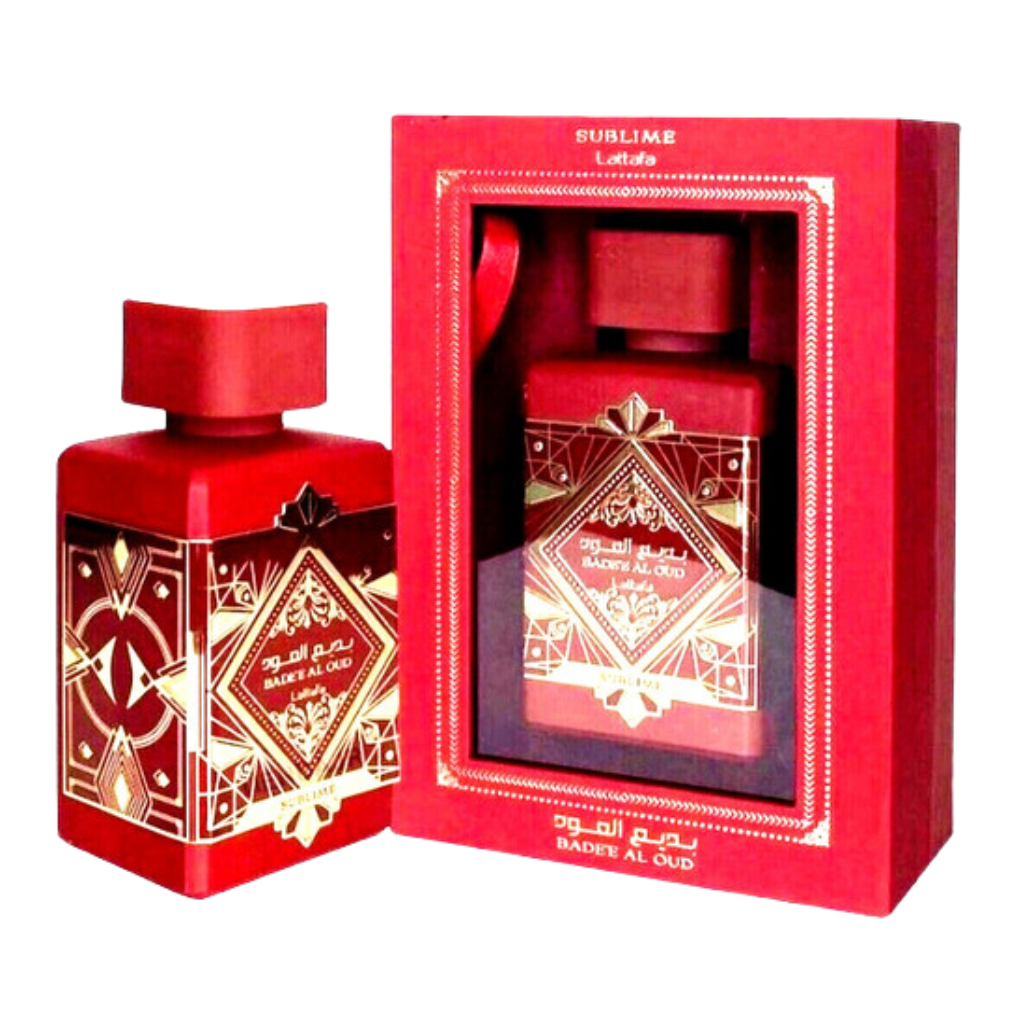 Bade'e Al Oud Sublime EDP red ornate bottle with gold geometric design beside matching gift box packaging