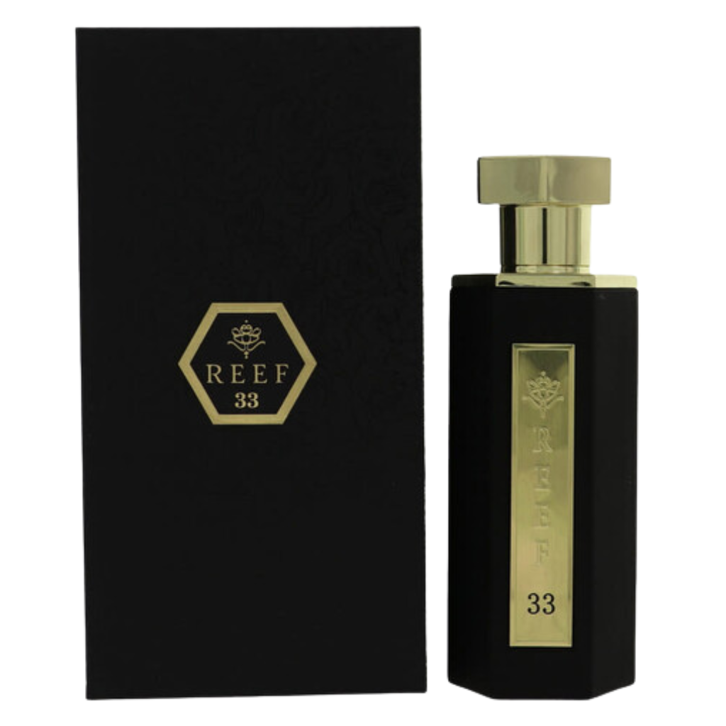 Reef 33 EDP fragrance bottle in black with gold accents next to matching black and gold branded box