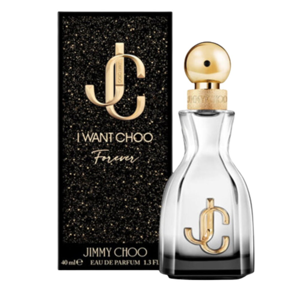 I Want Choo Forever EDP perfume bottle with gold accents beside black and gold glittery packaging box