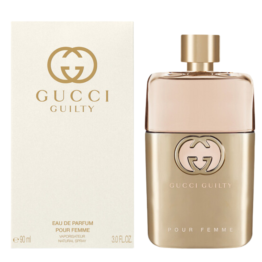 Guilty EDP perfume bottle with golden tone and matching white and gold packaging for women fragrance decants