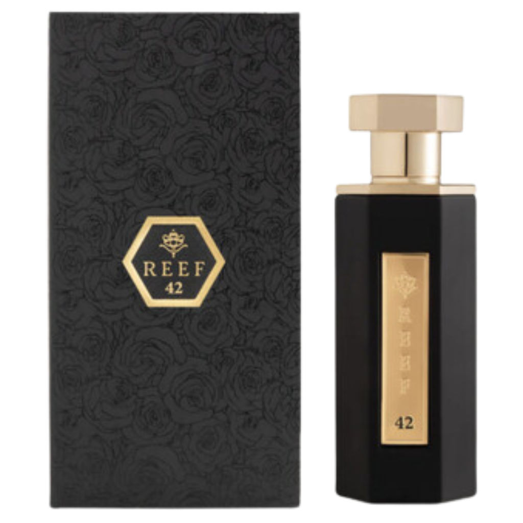Reef 42 EDP black and gold luxury perfume bottle with matching black floral embossed box packaging.