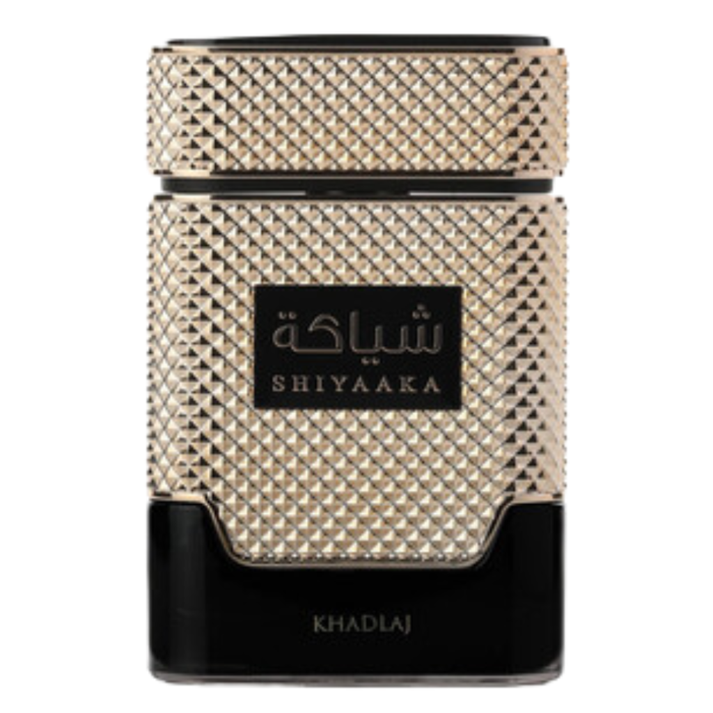 Shiyaaka Gold EDP perfume bottle with textured gold and black design by Khadlaj, luxury fragrance decant option