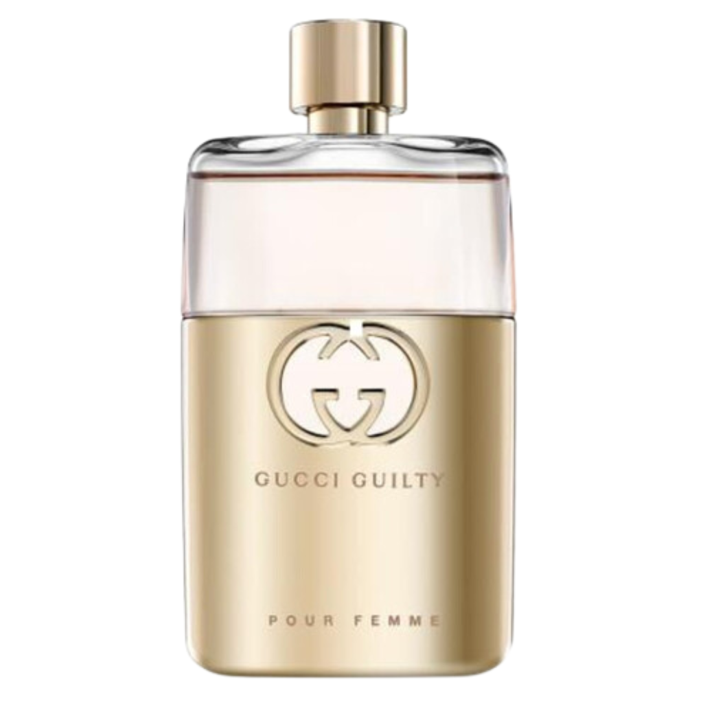 Elegant gold and clear bottle of Gucci Guilty EDP fragrance for women with a sleek rounded cap design
