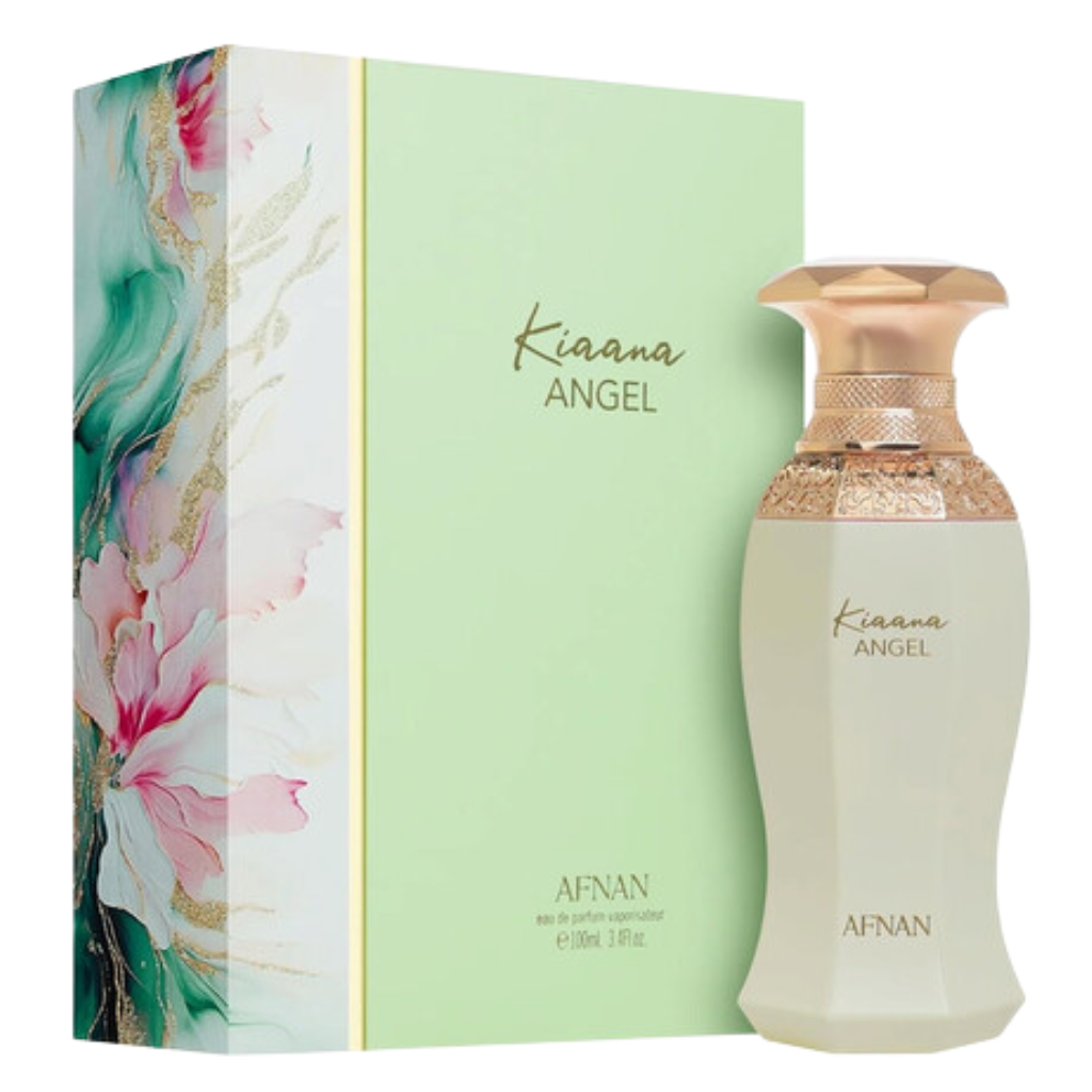Kiaana Angel EDP perfume bottle and box with elegant gold details and floral accents on packaging design.