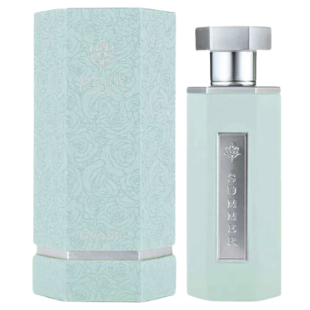 Tiffany Summer Fresh Musk EDP bottle next to elegant floral embossed turquoise packaging for niche fragrances.