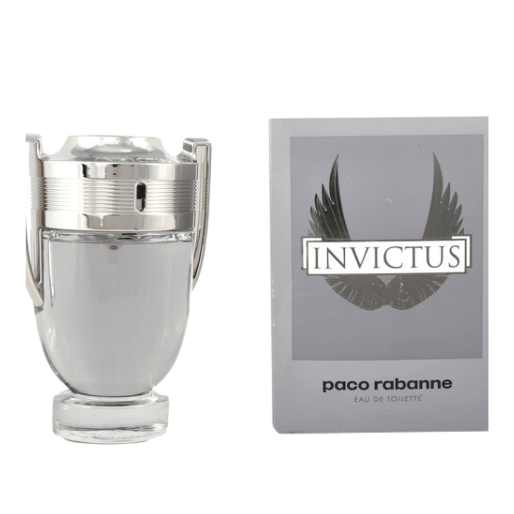 Invictus EDT bottle and packaging featuring a trophy-inspired design and winged logo for a luxury fragrance experience