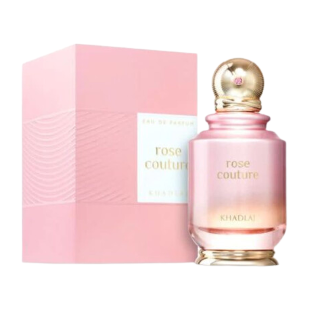 Rose Couture EDP perfume bottle in soft pink with gold accents beside matching pink gift box for elegant fragrance gift
