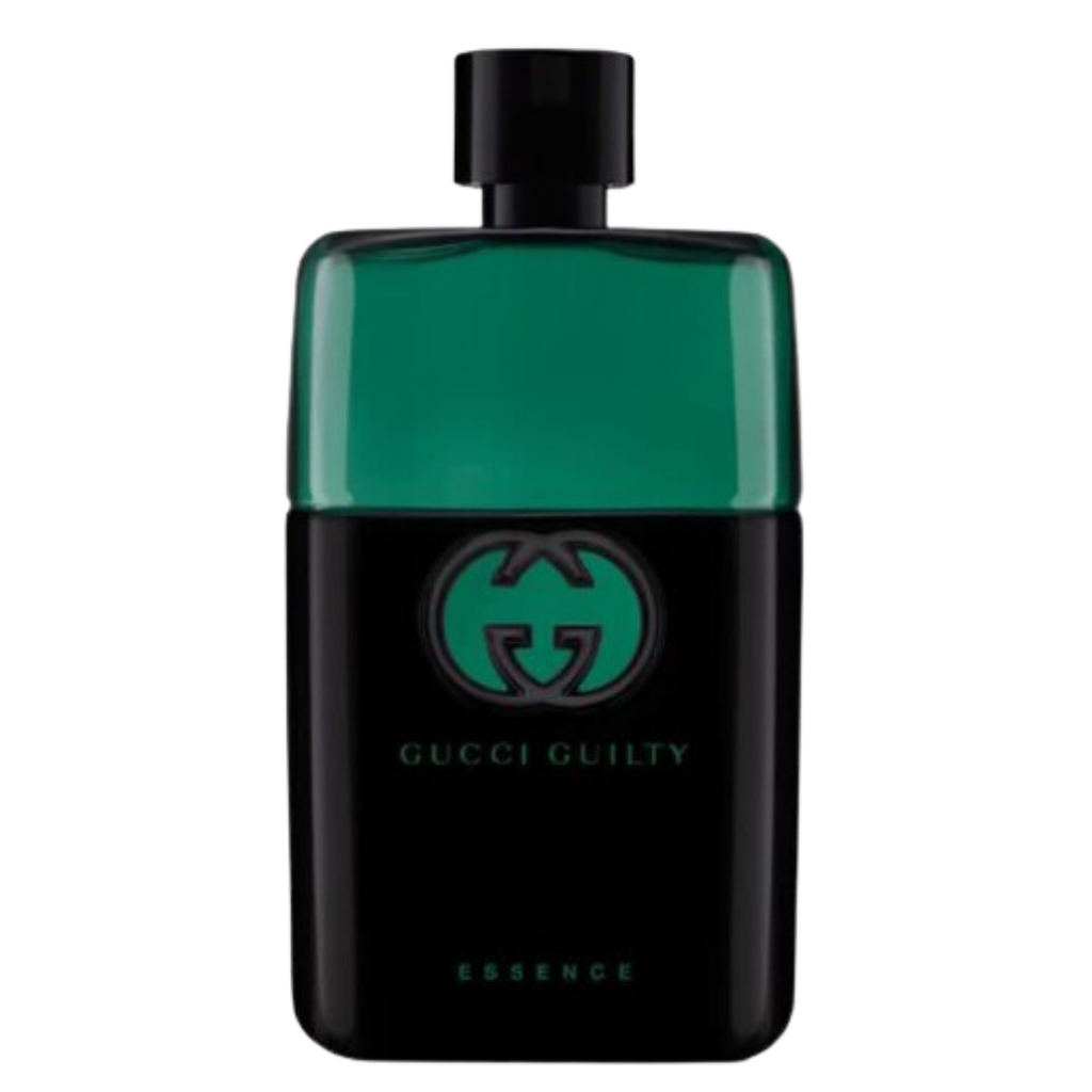 Guilty Essence EDT fragrance bottle with green and black design, luxury niche fragrance decant for men and women.