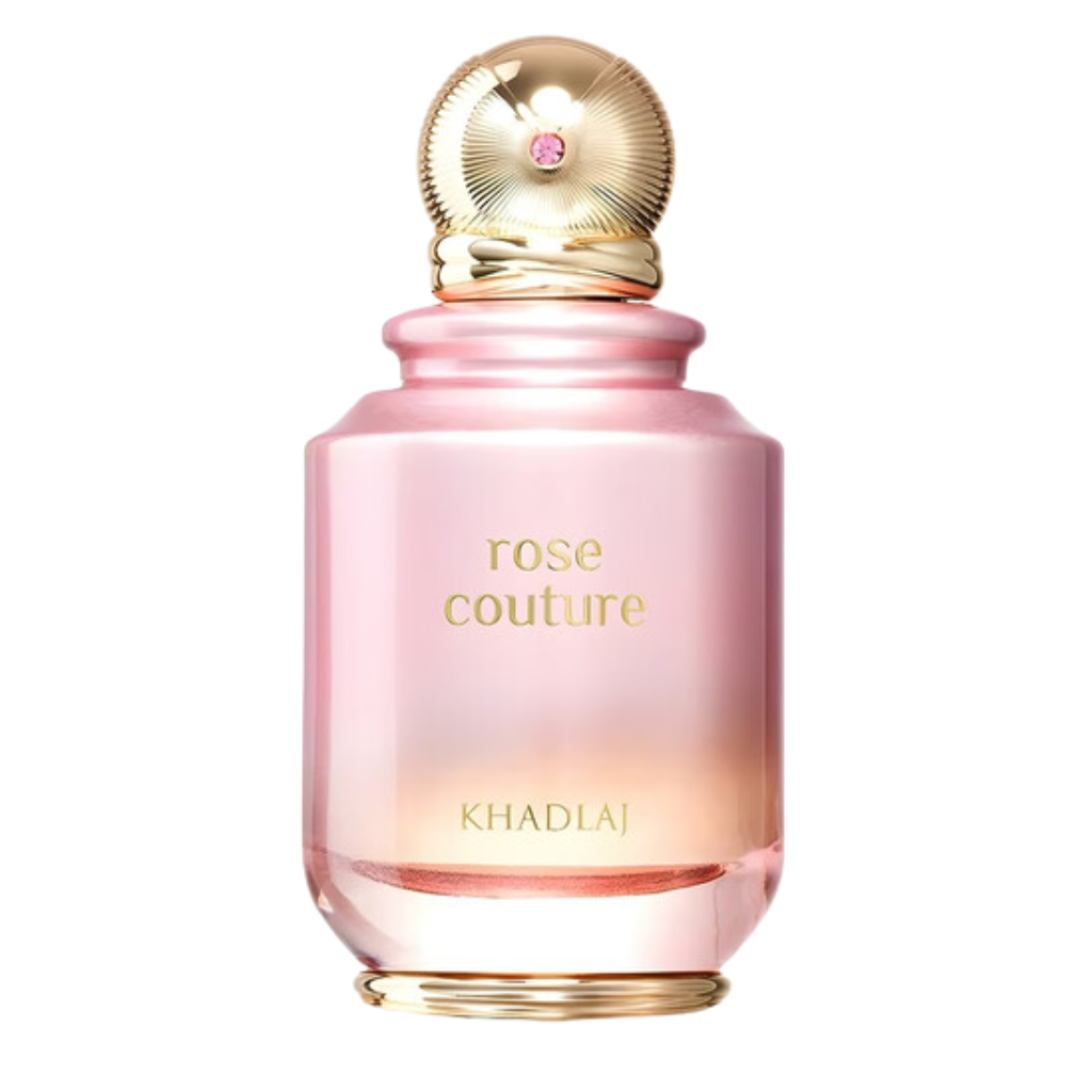 Rose Couture EDP perfume bottle with pink gradient glass and gold decorative cap by Khadlaj luxury fragrance