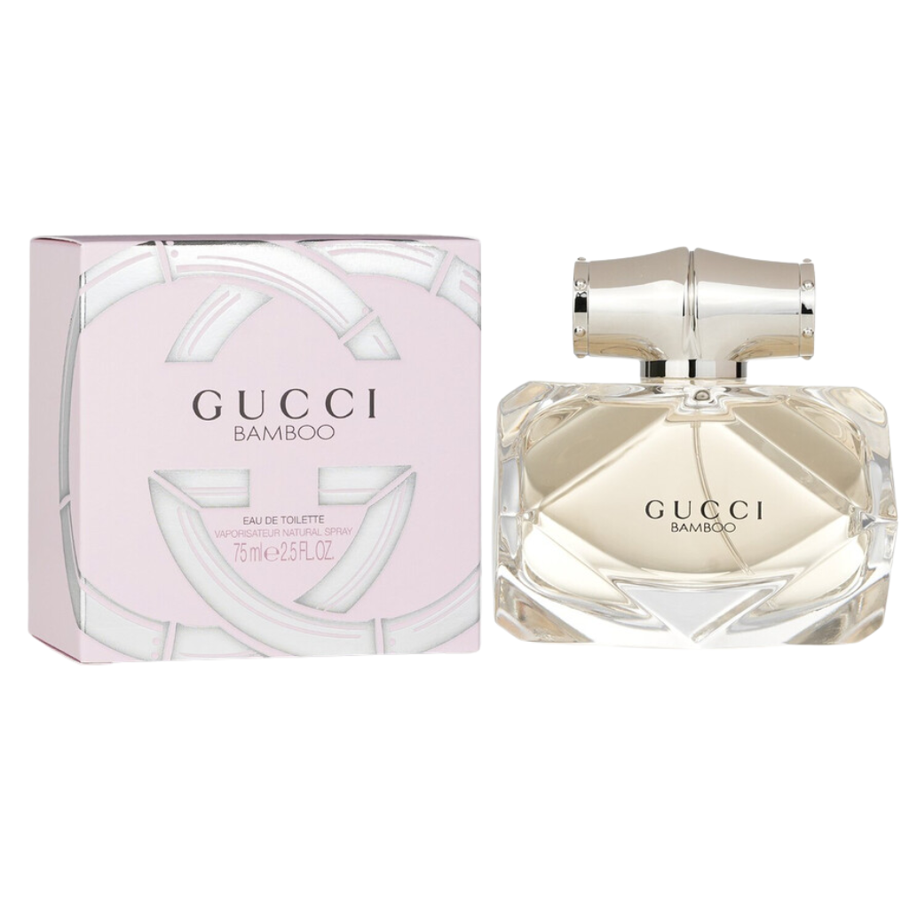 Clear glass perfume bottle with a silver cap and matching pink box, displaying Bamboo EDP fragrance branding.