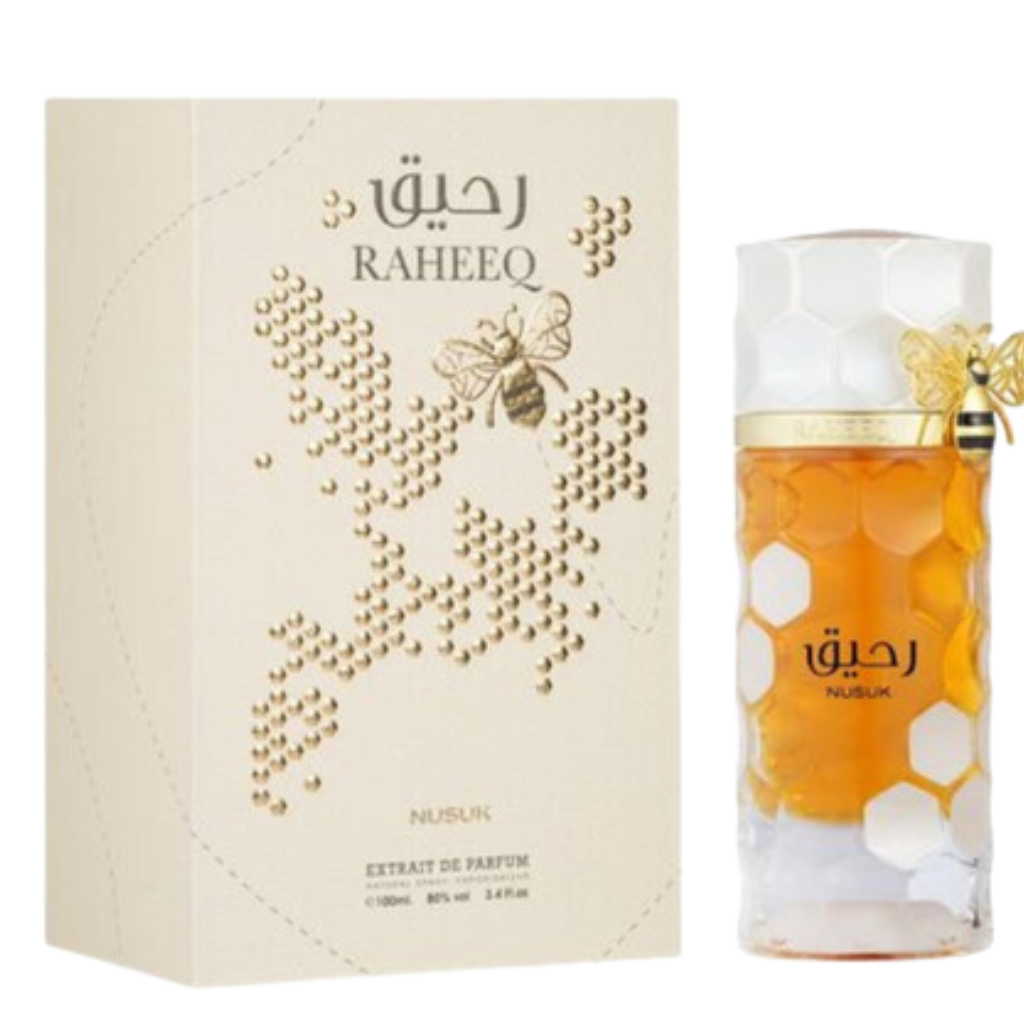 Raheeq Extrait de Parfum bottle with honeycomb design and matching elegant cream packaging with bee motif.