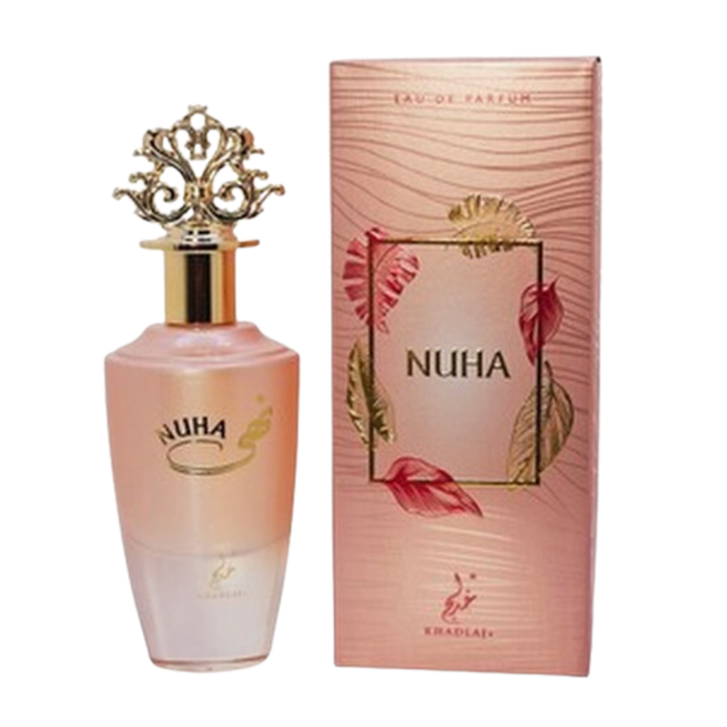 Nuha EDP fragrance bottle with ornate gold cap and pink decorative packaging featuring autumn leaves design