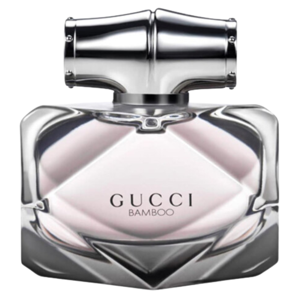 Elegant glass perfume bottle with metallic bamboo-inspired cap labeled Bamboo EDP by Gucci