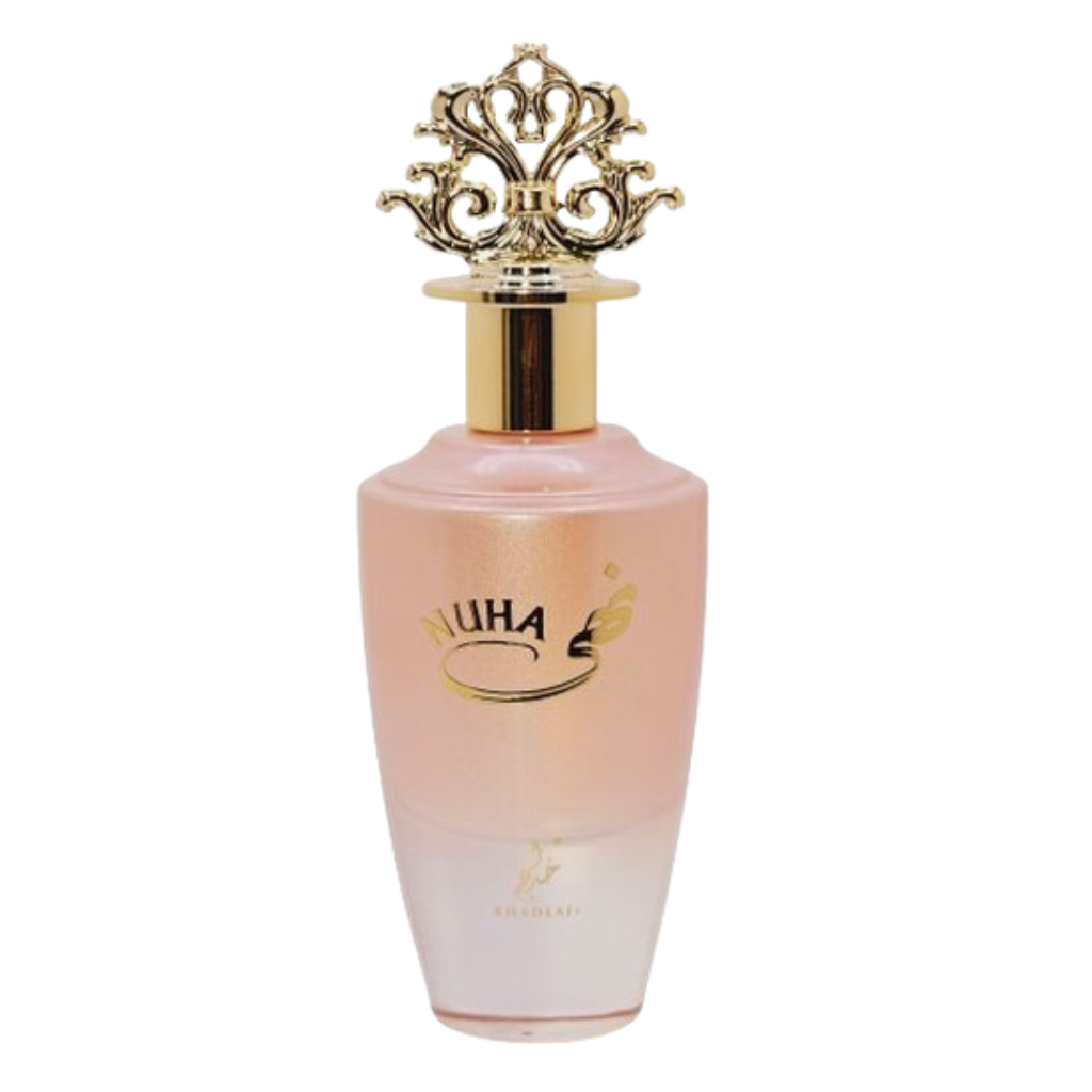 Elegant pink and gold bottle of Nuha EDP perfume featuring an ornate gold cap and minimalist design