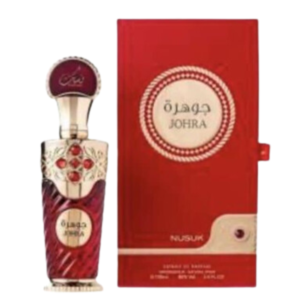 Johra Extrait de Parfum bottle and red box packaging with intricate gold and red gemstone details