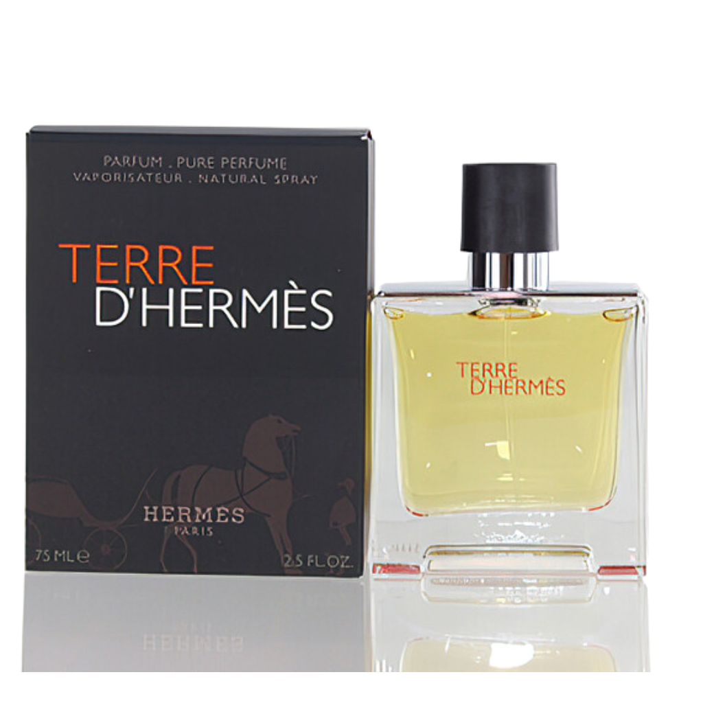 Terre d'Hermes Pure Parfum bottle with amber liquid and elegant black box packaging displayed side by side