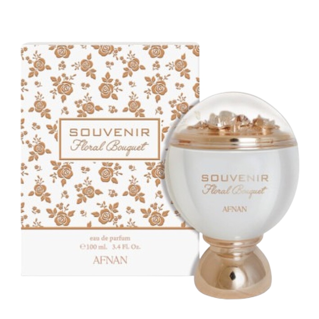Souvenir Floral Bouquet EDP bottle with gold floral cap and matching floral patterned box packaging