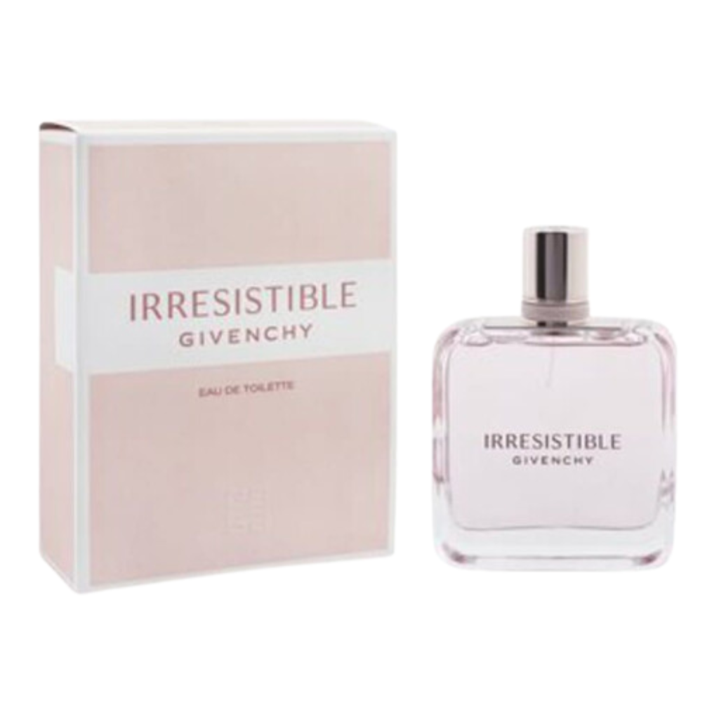 Irresistible EDT perfume bottle and packaging with soft pink tones, representing elegant niche fragrance luxury.