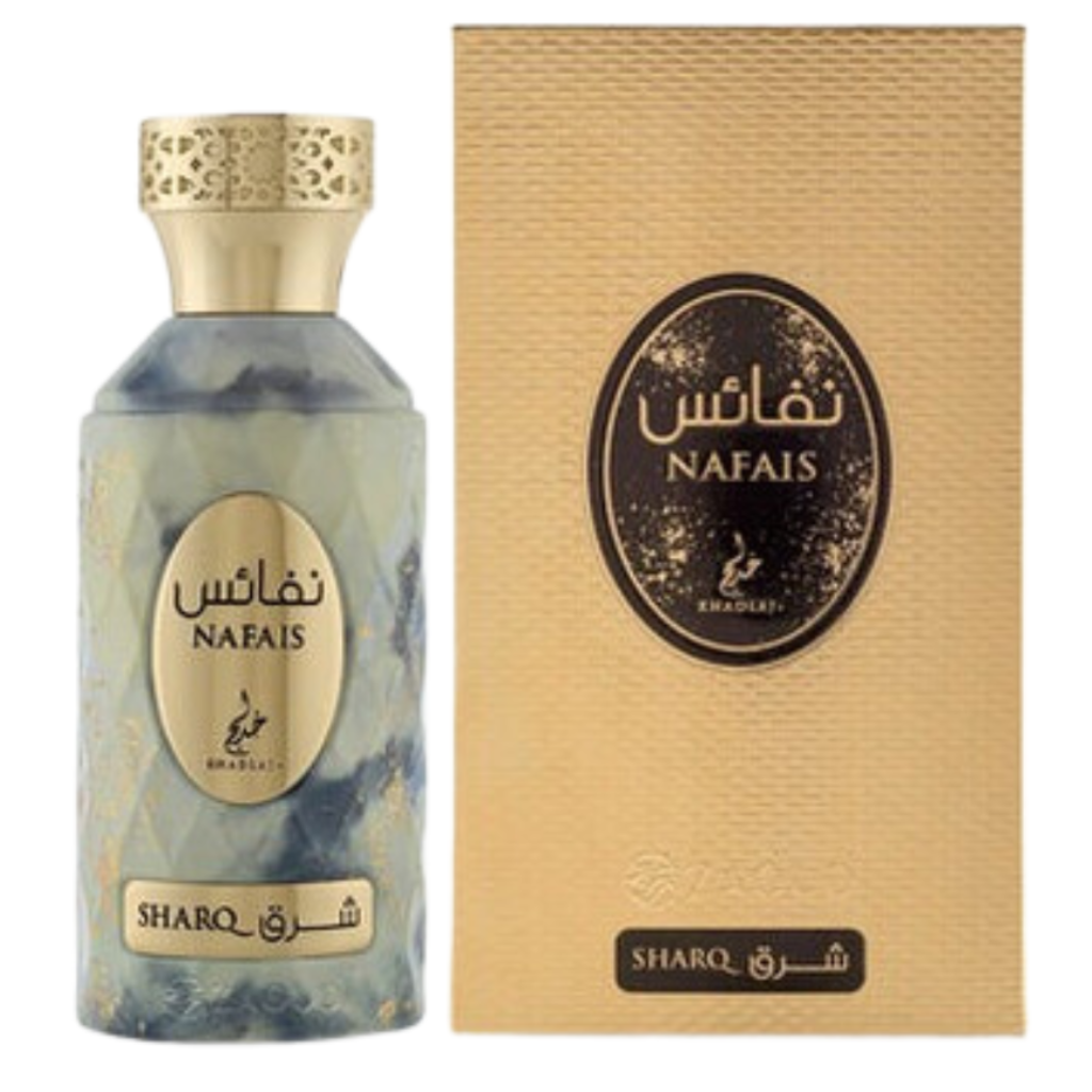 Nafais Sharq EDP bottle with gold cap and beige textured box showcasing luxurious niche fragrance packaging