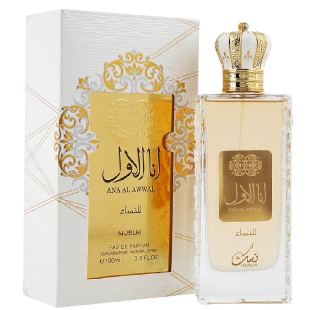Ana Al Awwal EDP bottle with gold crown cap alongside elegant white and gold decorative packaging box