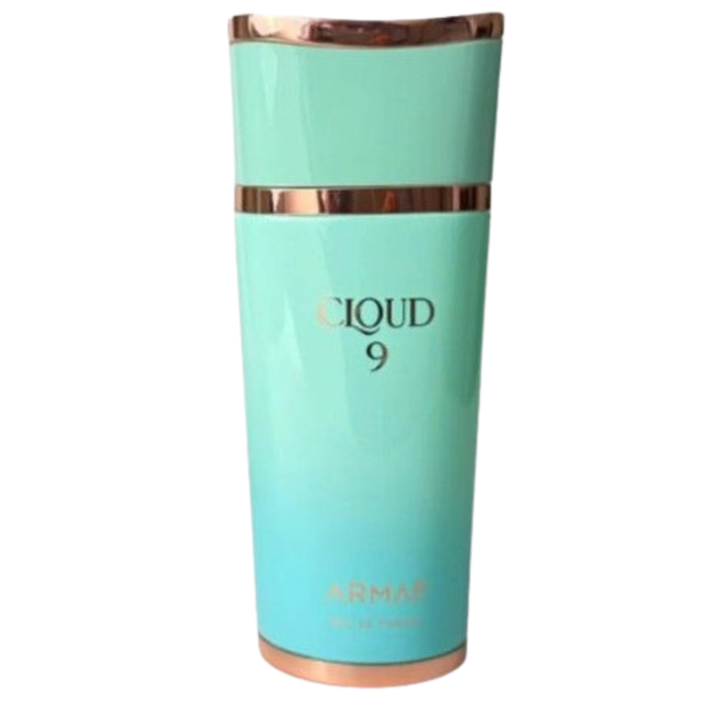 Elegant turquoise and gold-trimmed Cloud 9 EDP perfume bottle with sleek, modern design and luxury finish