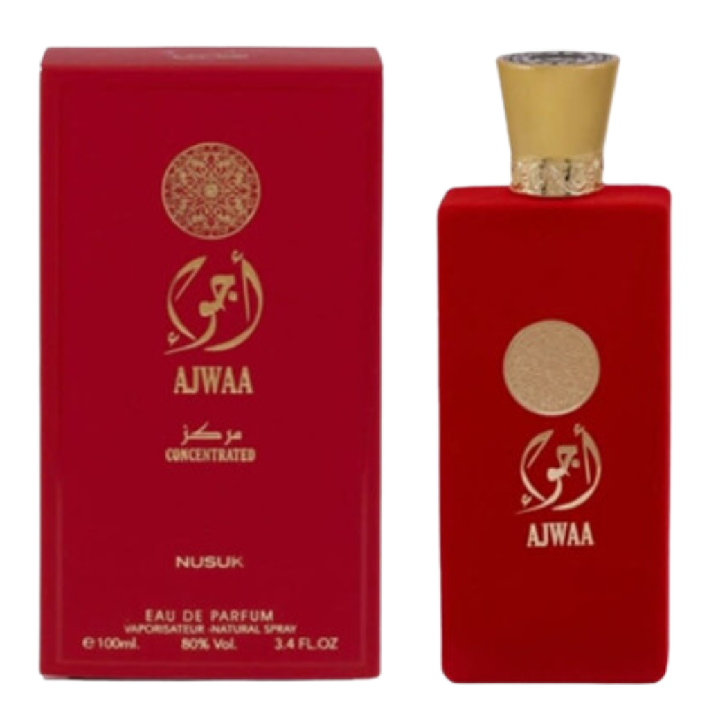 Ajwaa Concentrated EDP perfume bottle and packaging in red with gold accents, luxury fragrance decants and samples