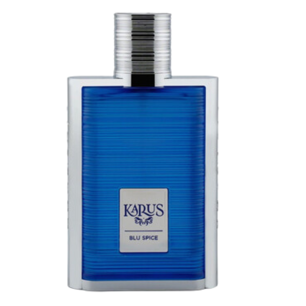 Karus Blu Spice EDP in a sleek blue bottle with silver accents, a refined niche fragrance decant option