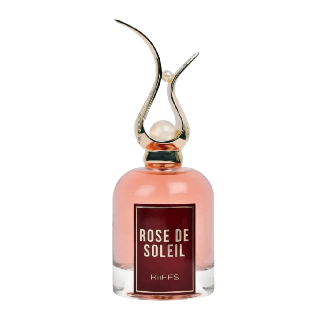 Rose De Soleil EDP perfume bottle with pink liquid and elegant gold cap featuring pearl accents