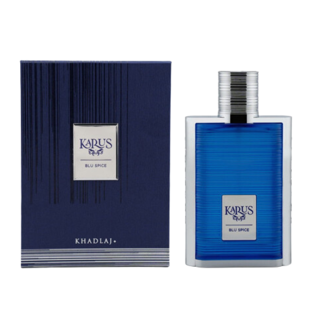 Karus Blu Spice EDP bottle in blue with silver cap and matching blue and silver packaging box on white background