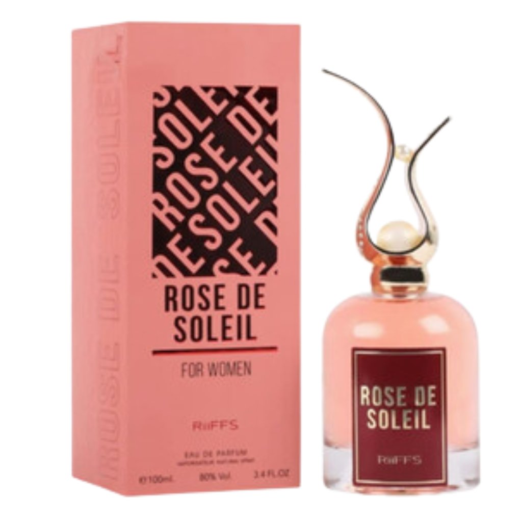 Rose De Soleil EDP perfume bottle and matching pink packaging box for women by Arvella Fragrance