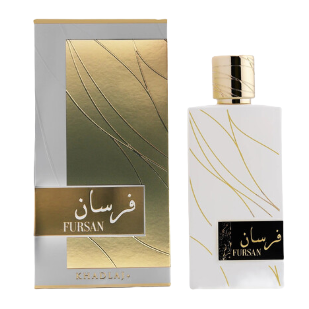 Fursan White EDP perfume bottle and gold-accented box with elegant white and gold design details