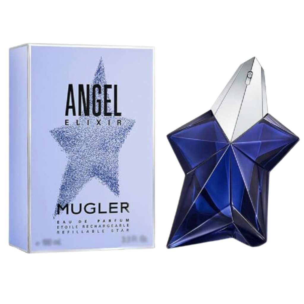 Angel Elixir EDP perfume bottle shaped like a blue star with a silver top and matching box packaging.