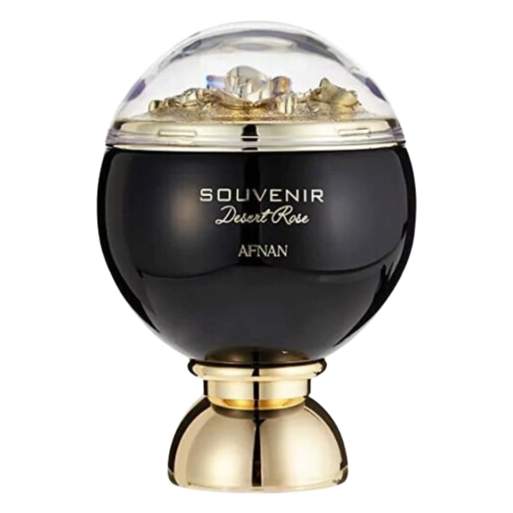 Elegant black and gold bottle of Souvenir Desert Rose EDP with intricate golden cap detail and clear dome top