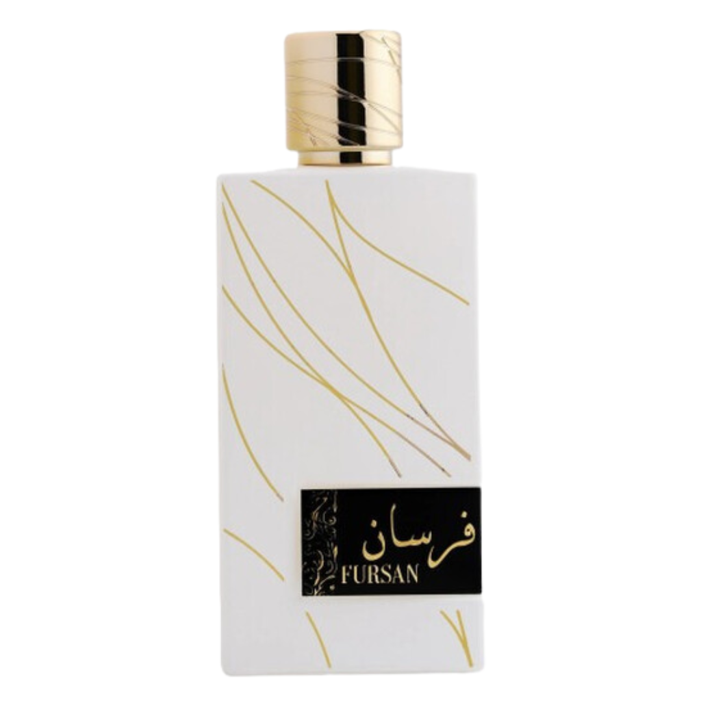 Elegant white bottle with gold accents and black label featuring Arabic script for Fursan White EDP fragrance
