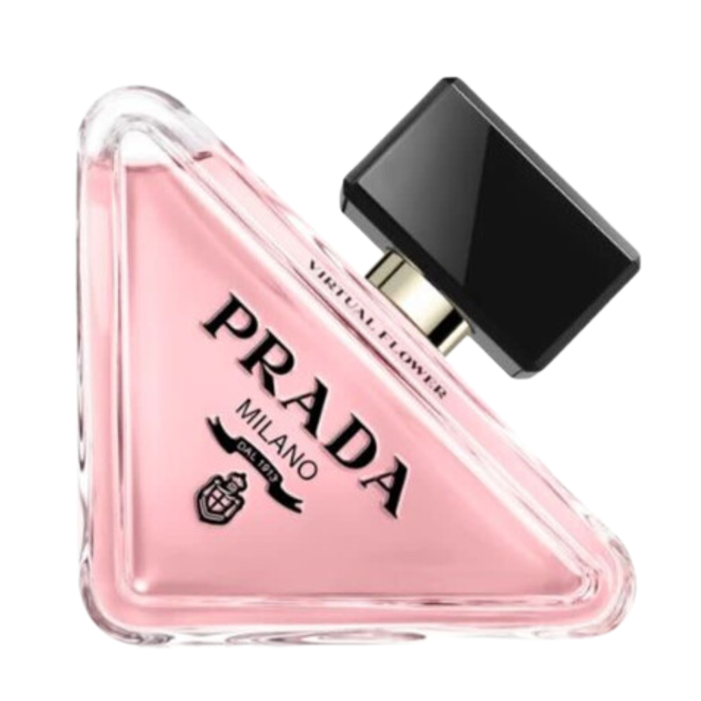Paradoxe Virtual Flower EDP Tester bottle with pink fragrance liquid and black cap, elegant triangular design