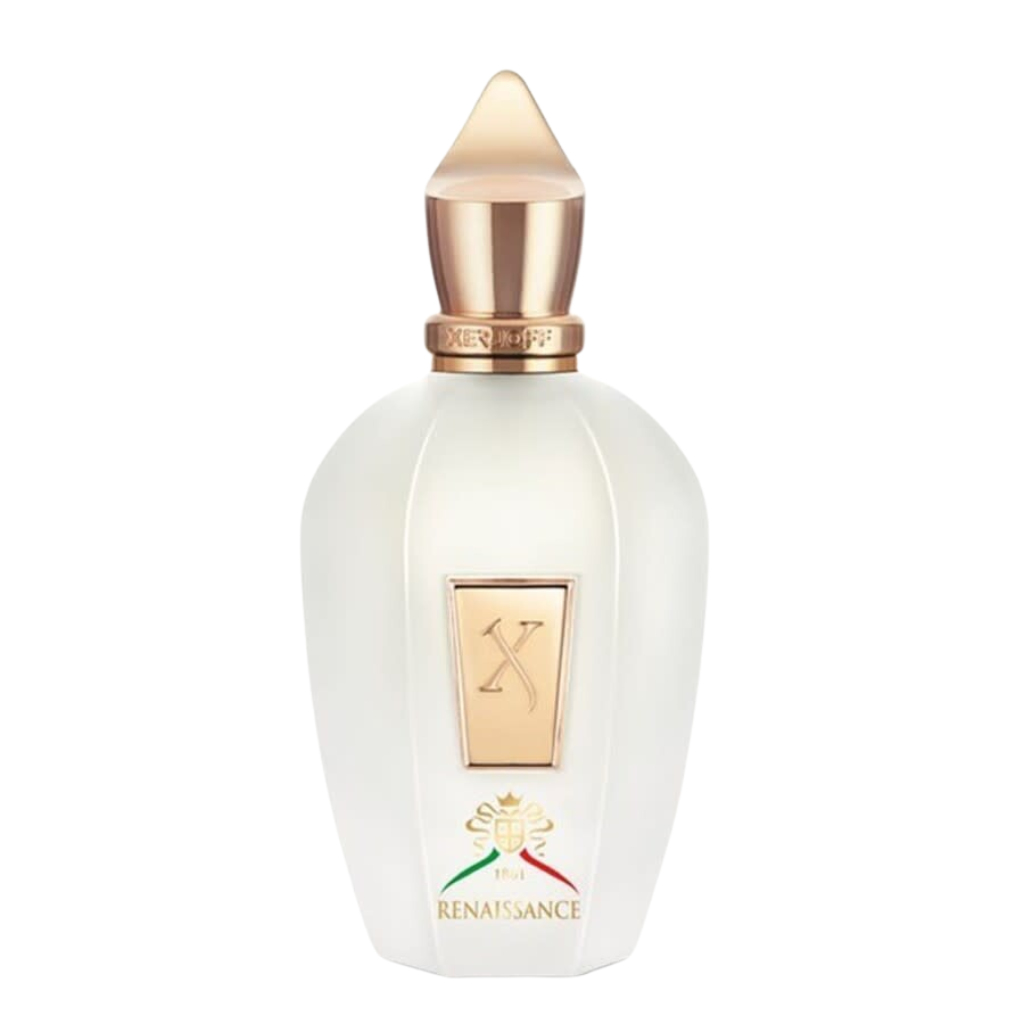 1861 Renaissance EDP perfume bottle with frosted glass and gold accents, a luxury fragrance decant by Arvella Fragrance