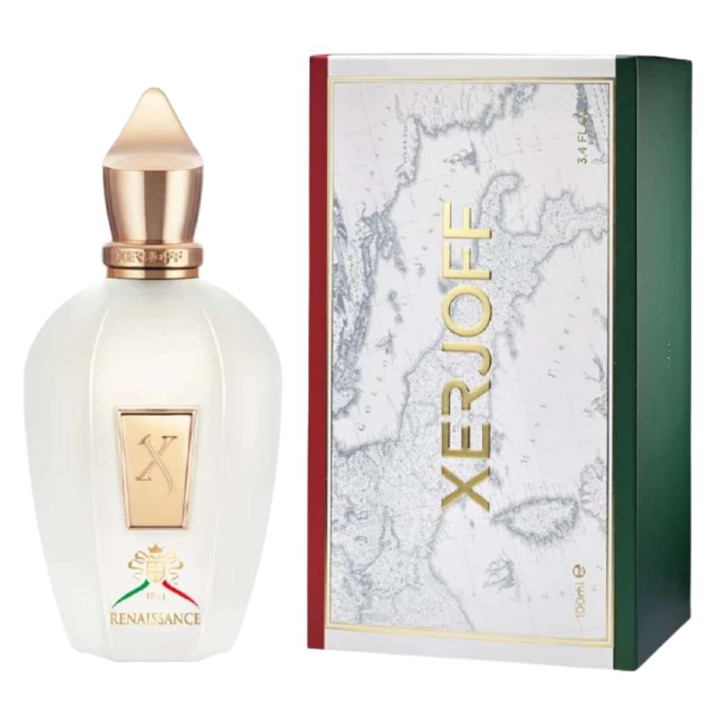 1861 Renaissance EDP perfume bottle with gold cap and elegant packaging featuring map design and gold lettering