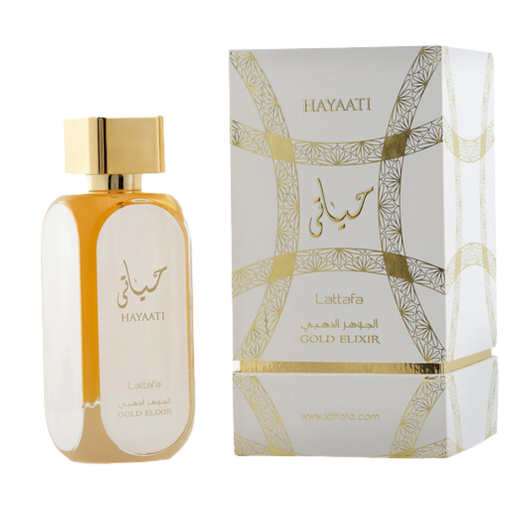 Hayaati Gold Elixir EDP perfume bottle and matching luxurious gold and white decorative box packaging