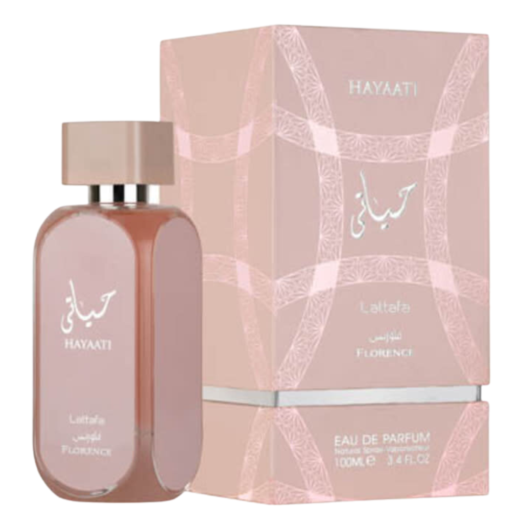 Hayaati Florence EDP in a soft pink bottle and matching packaging with elegant silver accents and Arabic script.