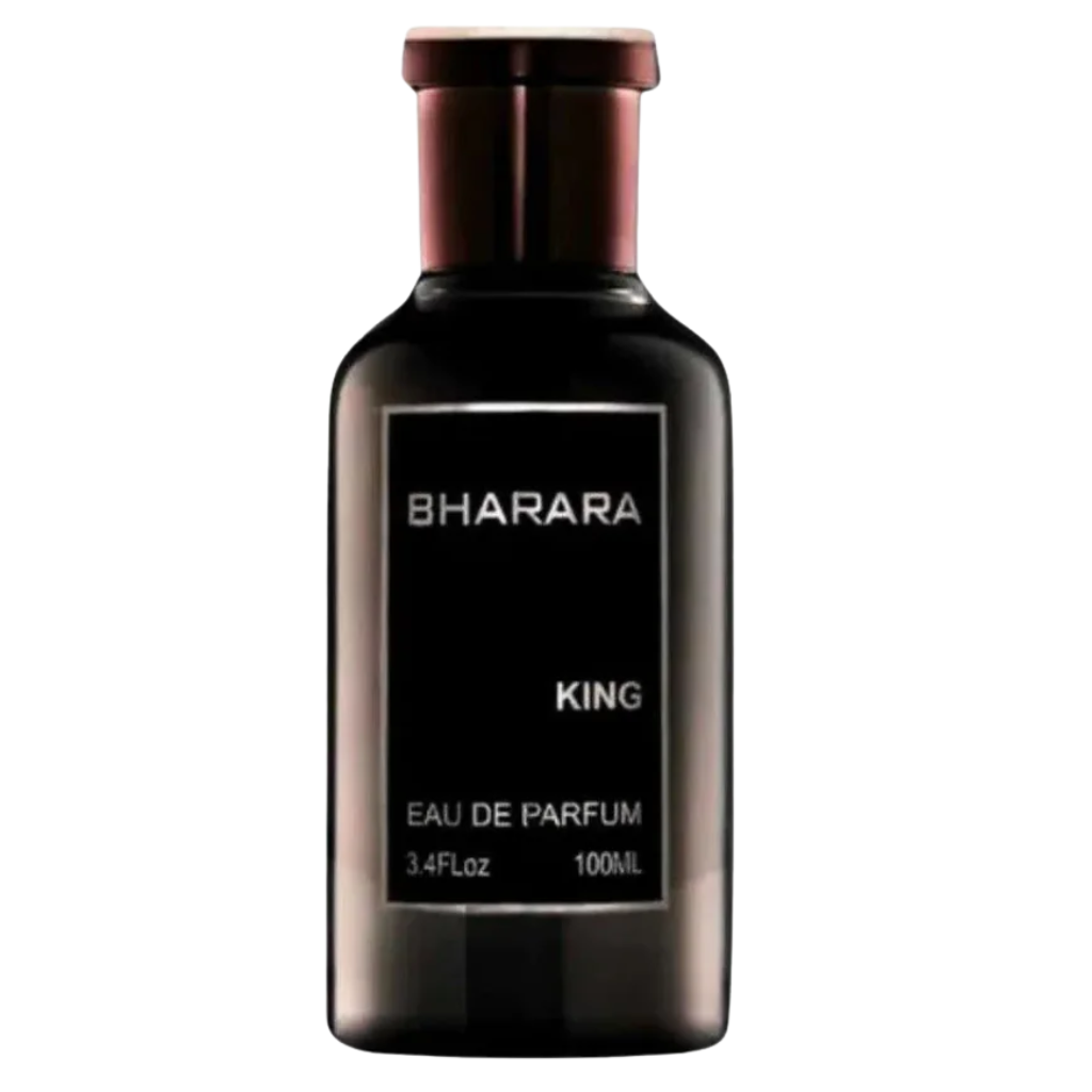 Elegant dark glass perfume bottle labeled King EDP, showcasing a premium fragrance in a sleek design.