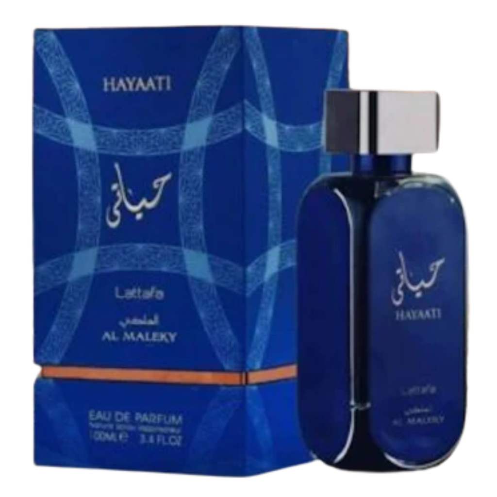 Hayaati Al Maleky EDP perfume bottle and box in deep blue with silver and gold accents, luxury fragrance decant.