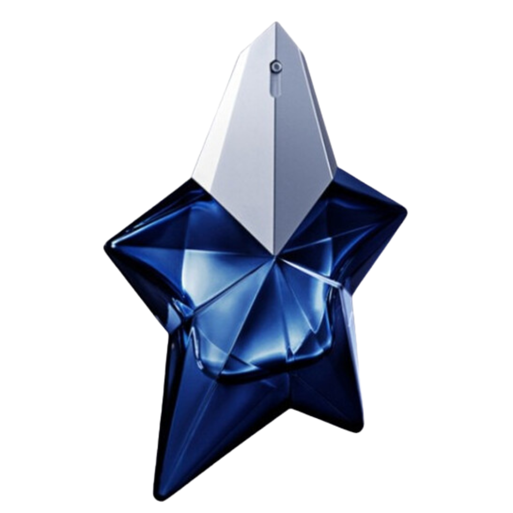 Angel Elixir EDP perfume in a dark blue star-shaped bottle with a silver pointed cap against a white background
