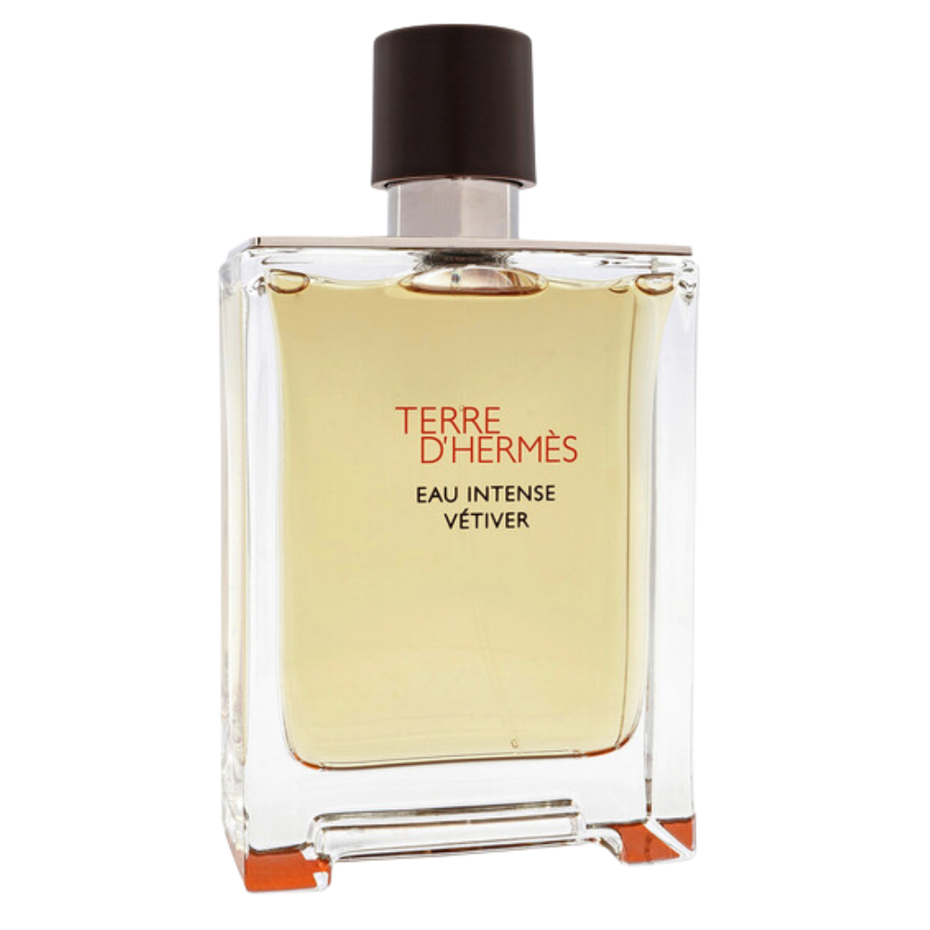Clear glass bottle with brown cap containing Terre d'Hermes Eau Intense Vetiver EDP perfume with amber liquid inside